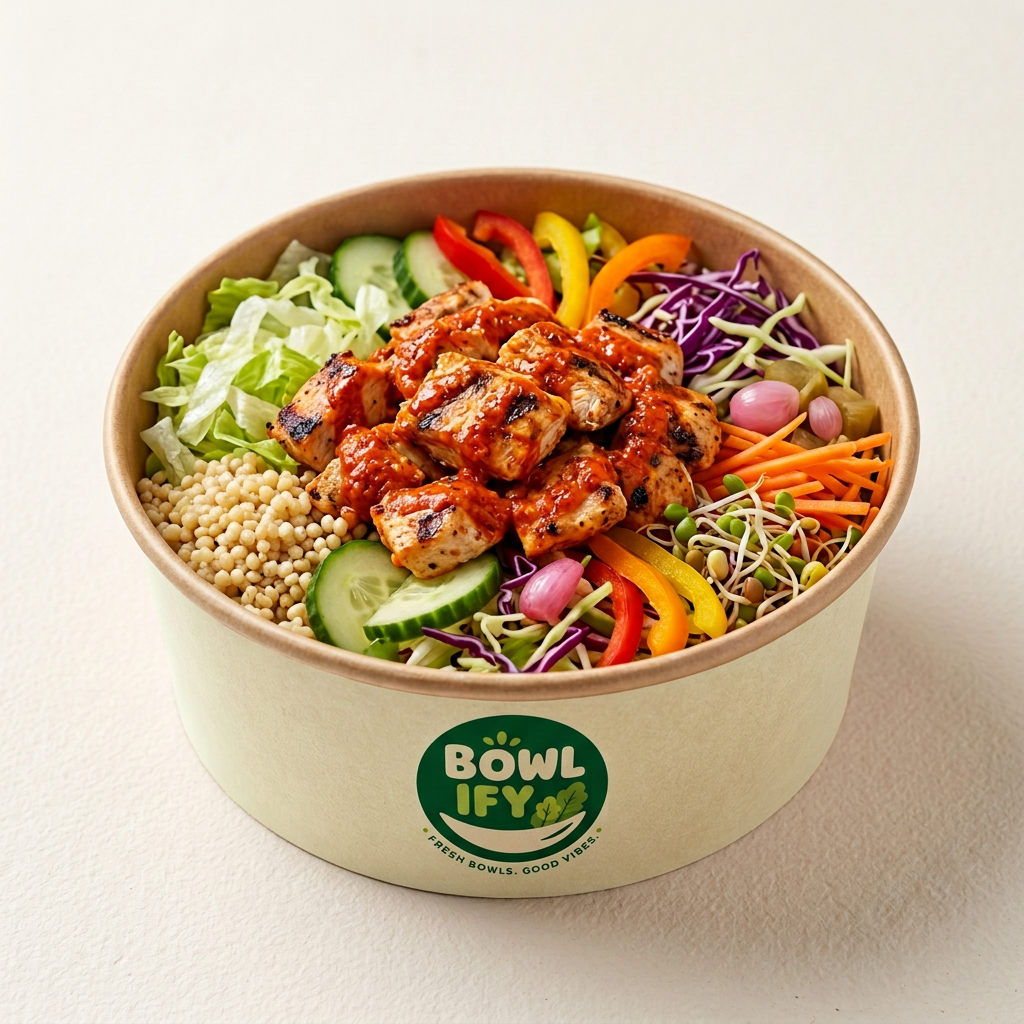 Bowlify healthy high-protein bowl in a branded 750 ml paper bowl